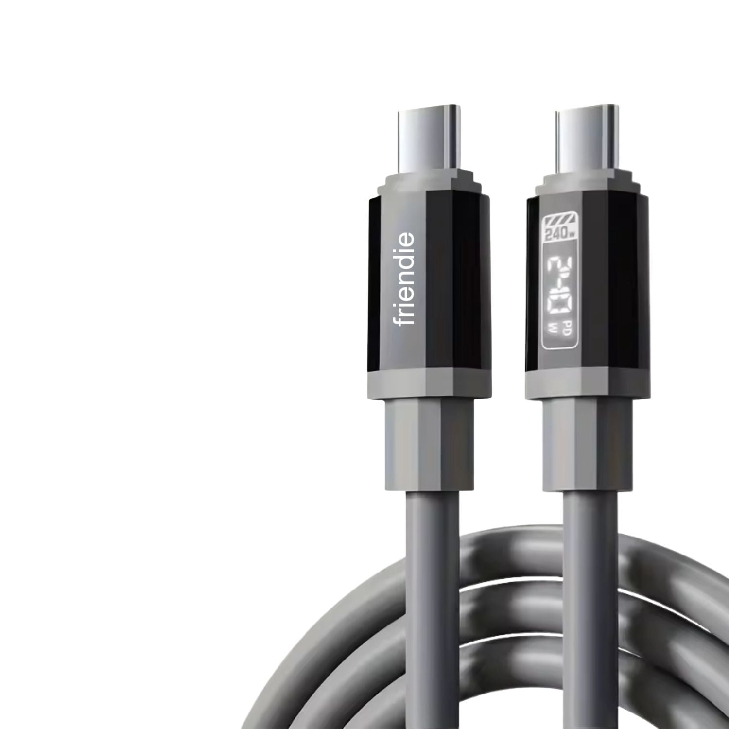 Tough USB C to USB C Charging Cable (1.5m) – 240W, E Marker, LED Power Screen - Strom Grey - Friendie Pty Ltd